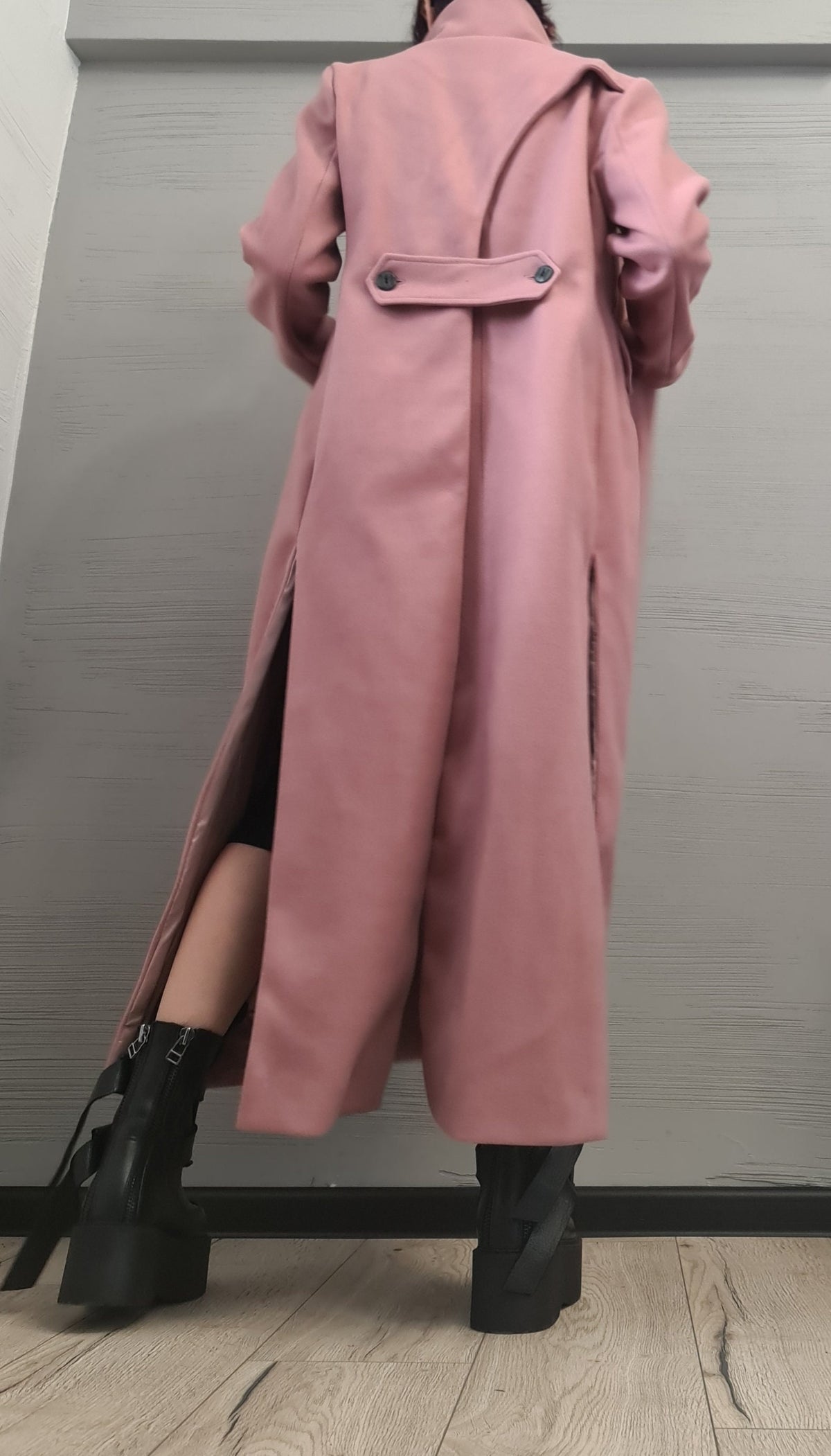 Dusty Rose Long Coat, Asymmetrical Wrap Front and Ruched Sleeves, Plus Size