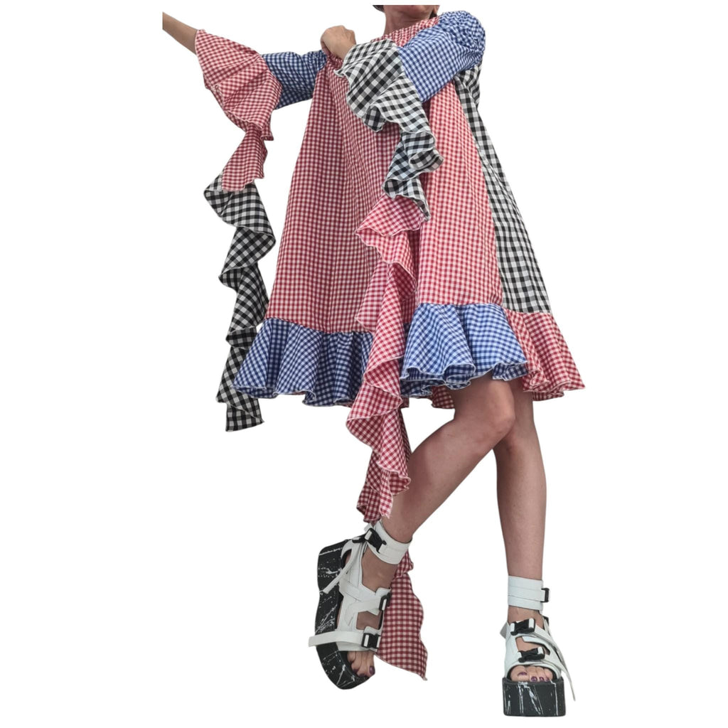 Extravagant Plaid Asymmetric Knee-Length Dress, Plus Size Cotton Dress