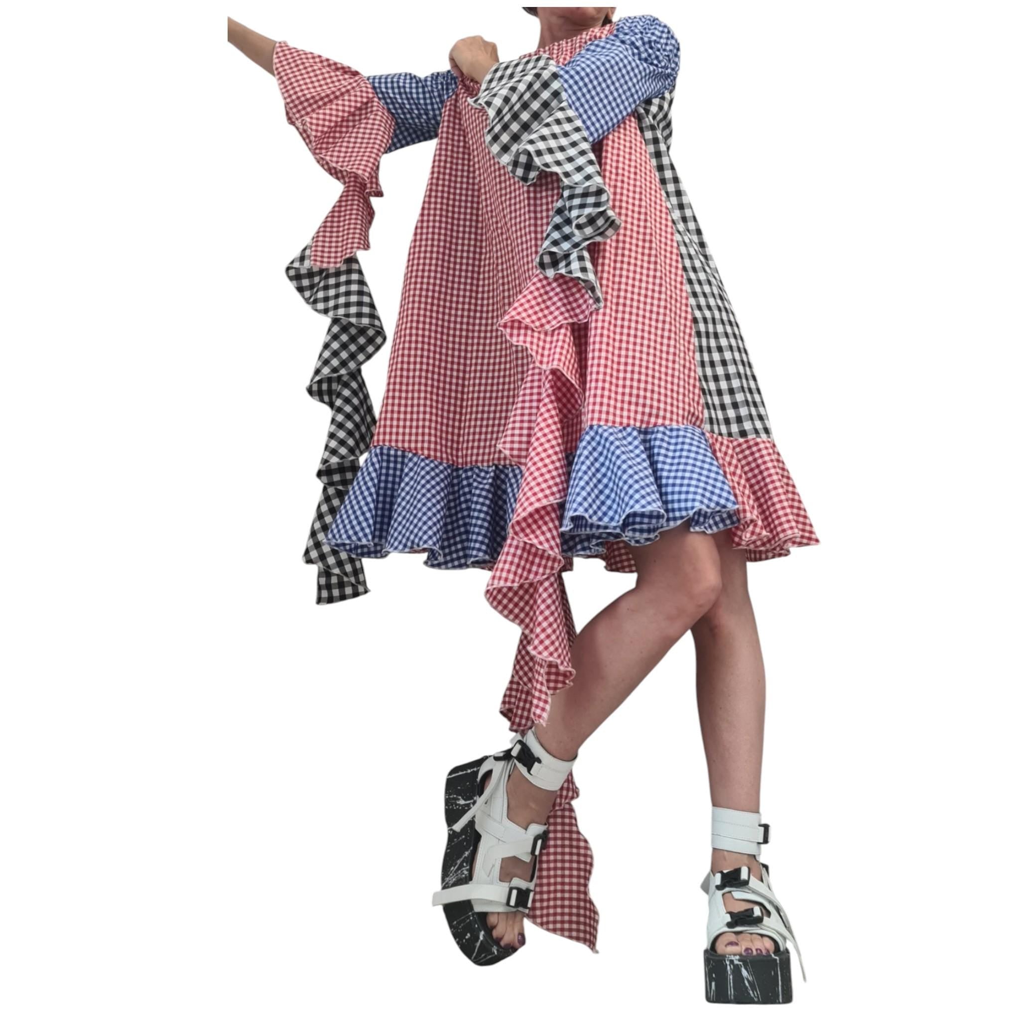 Extravagant Plaid Asymmetric Knee-Length Dress, Plus Size Cotton Dress