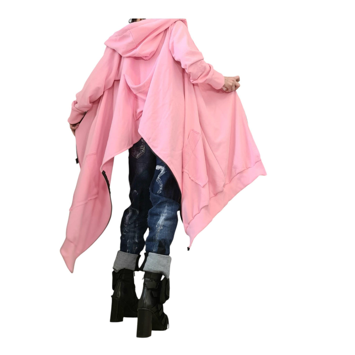Pink Asymmetrical Hooded Sweatshirt, Cropped Back Cotton Jacket, Long Side Panels