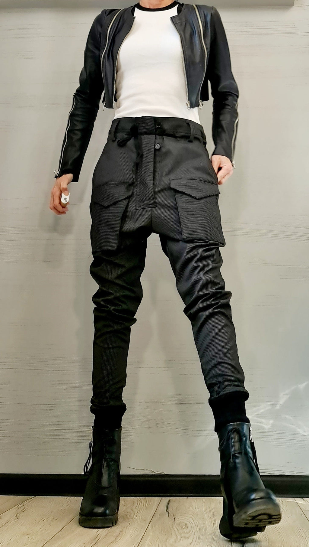 Black Pinstripe Cargo Pants, Drop Crotch Trousers, Slim Leg, Plus Size