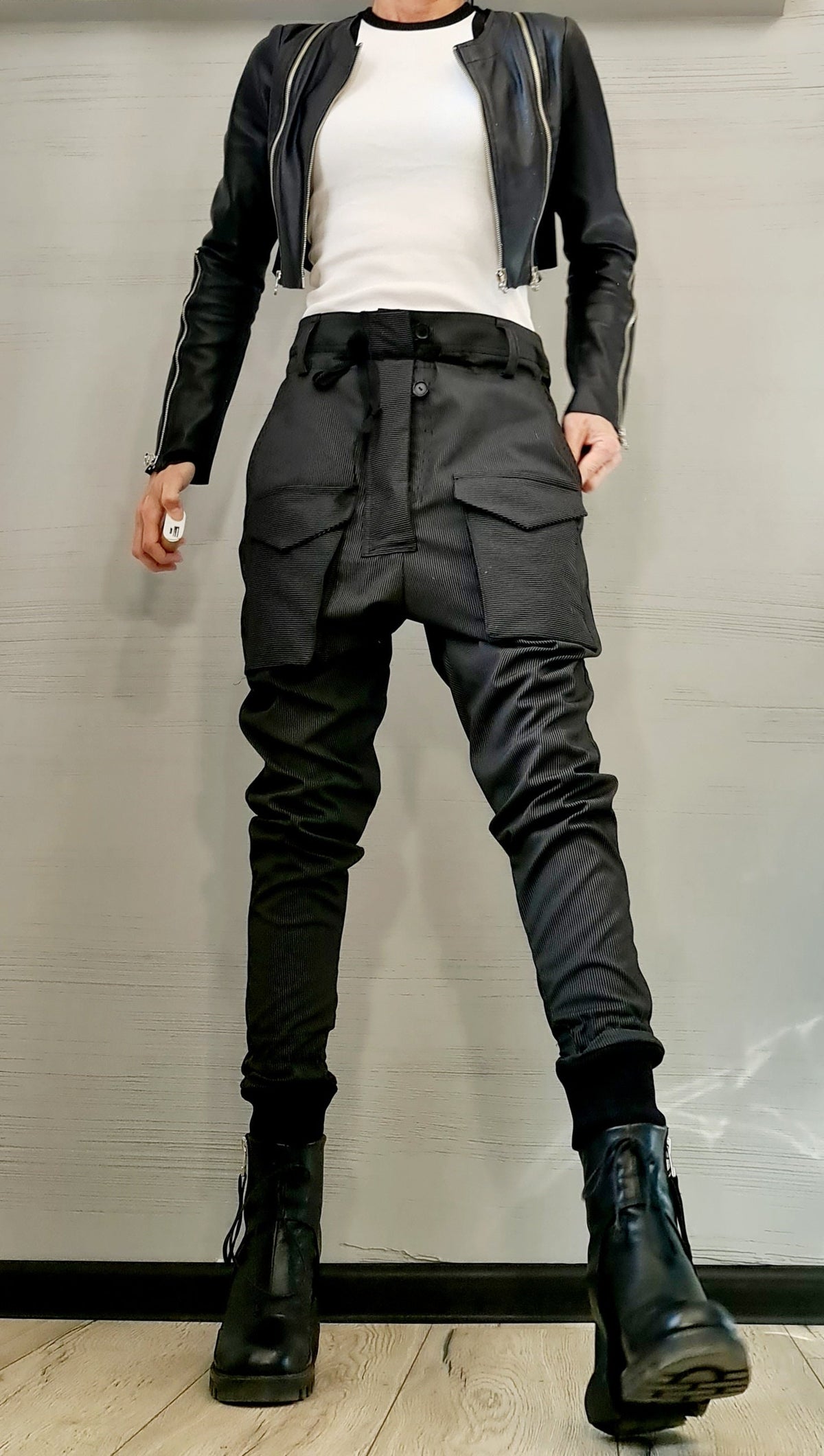 Black Pinstripe Cargo Pants, Drop Crotch Trousers, Slim Leg, Plus Size