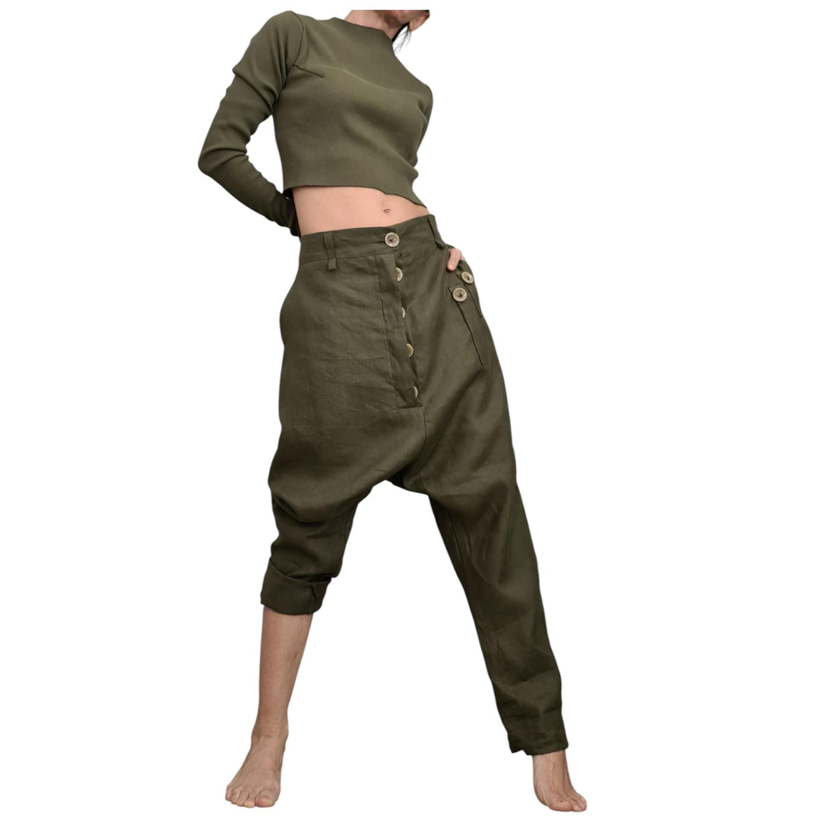 Military Green Linen Harem Pants for Women, Summer Designer Trousers, Handmade Clothing