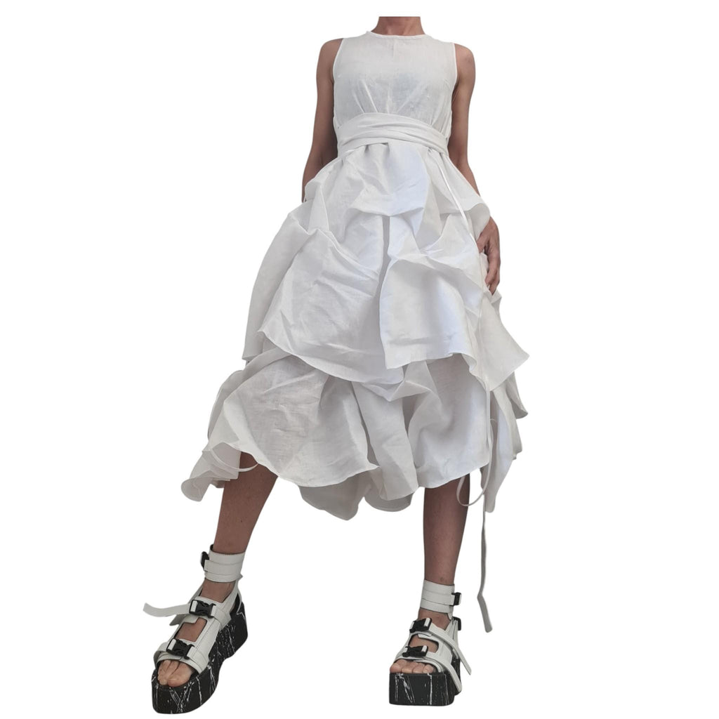 White Linen Sleeveless Dress, Asymmetric Midi Dress