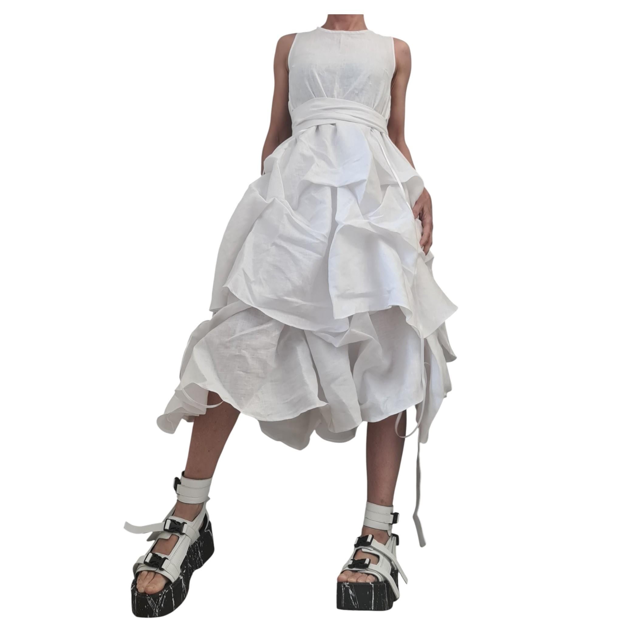 White Linen Sleeveless Dress, Asymmetric Midi Dress