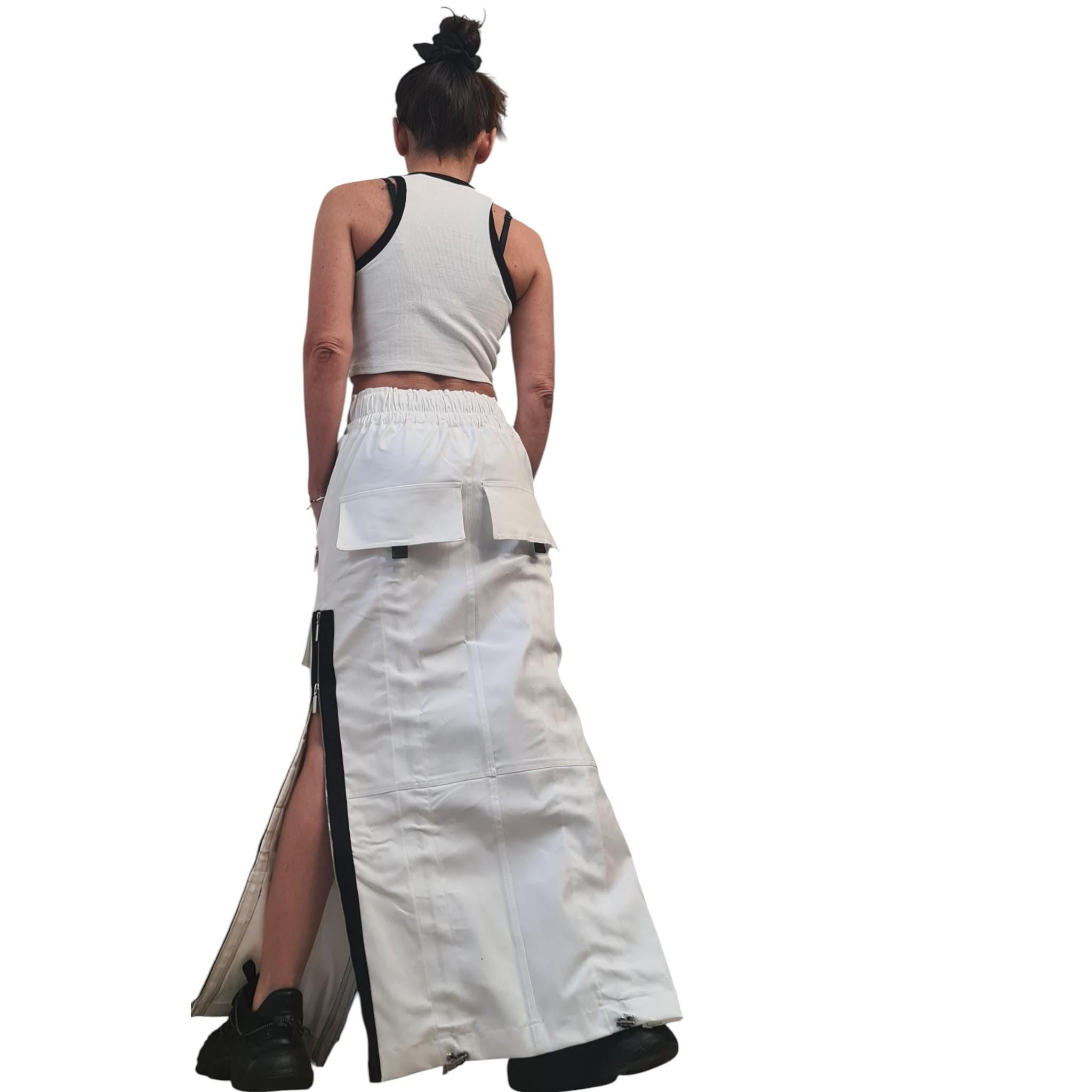 White Denim Maxi Skirt, Black Zipper Details, Cargo Pocket Skirt Avant Garde Clothing
