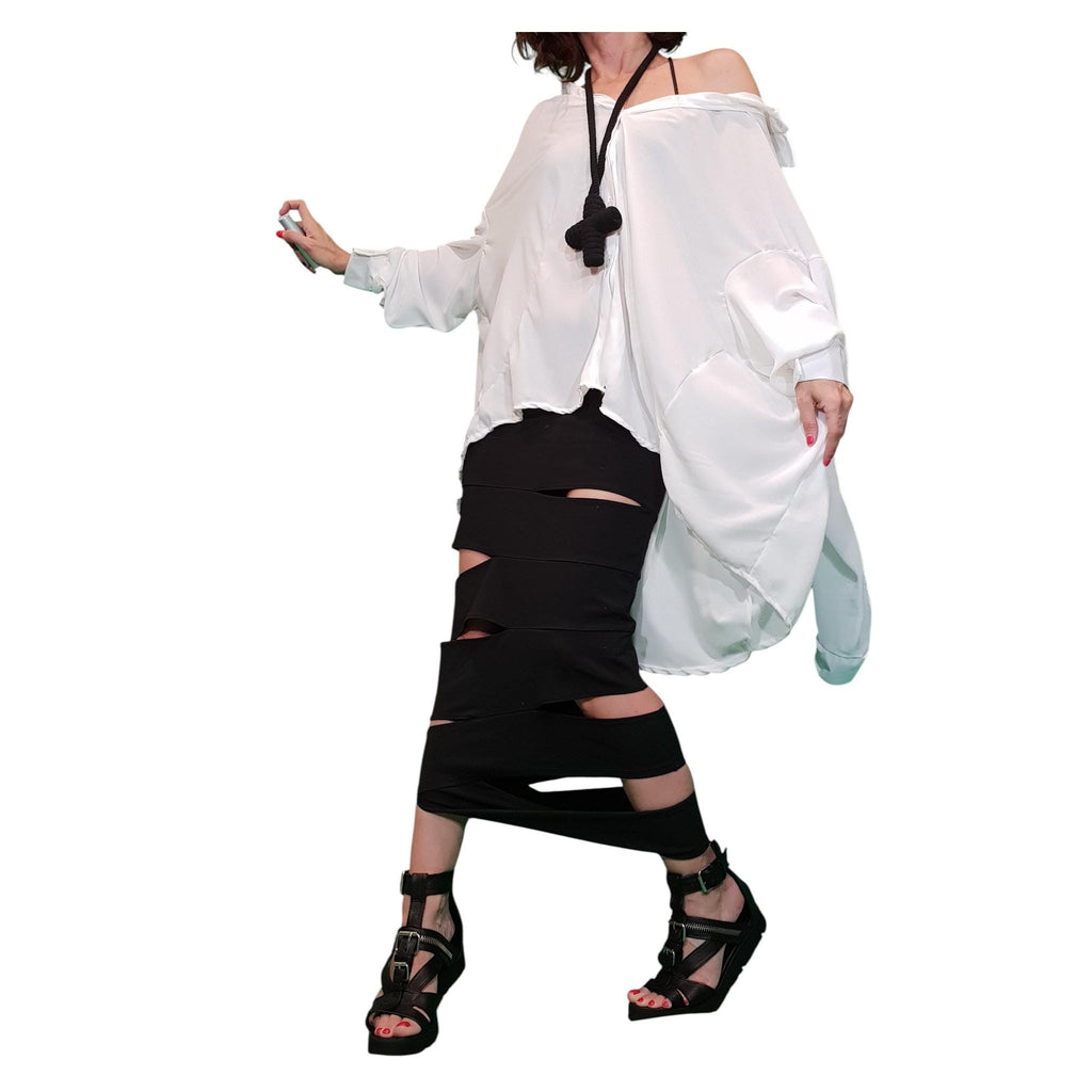 Black Asymmetric Slit Skirt, Gothic Bottom, Cocktail Maxi Skirt, Extravagant Pencil Design