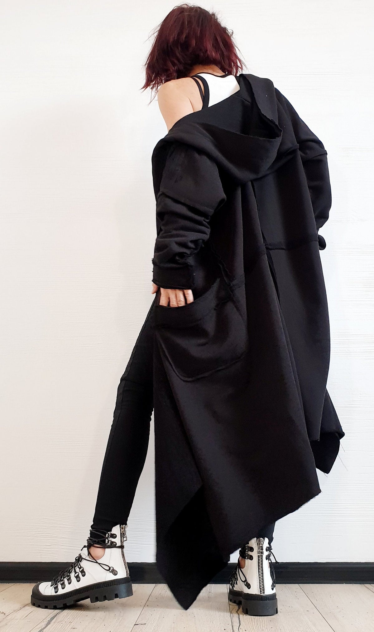 Black Asymmetric Cotton Sweatshirt, Long Hooded Oversized Jacket, Plus Size Coat, Exposed Seams