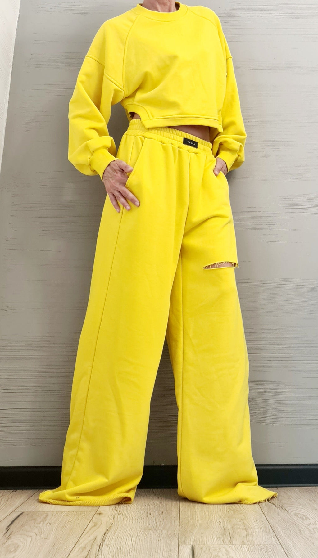 Yellow Cotton Wide-Leg Pants, Cropped Oversized Sweatshirt, Knee Cutout, Raw Hems, Two-Piece Co-Ord Set