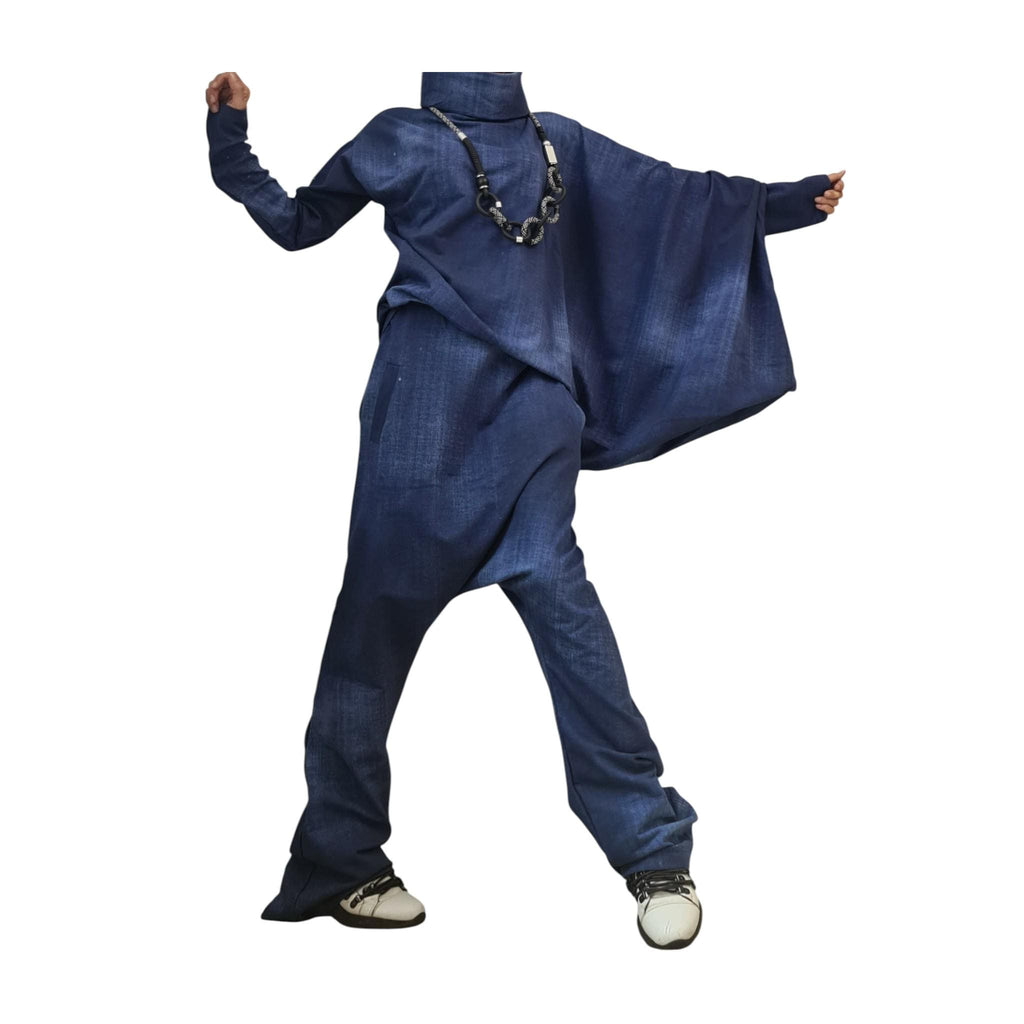 Plus Size Outfit Women, symmetric Sleeve Blouse, Harem Pants, Denim Look Cotton Fabric