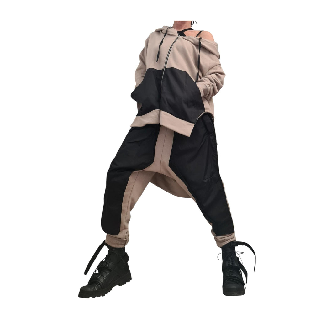 Beige Cotton Co-Ord Set, Harem Pants, Asymmetrical Long Sleeve Sweatshirt