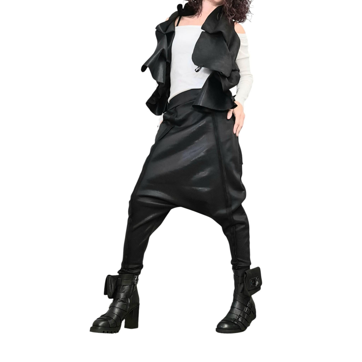 Black Neoprene Harem Pants, Tapered Legs, Ruched Asymmetrical Vest, Two Piece Co-Ord Set