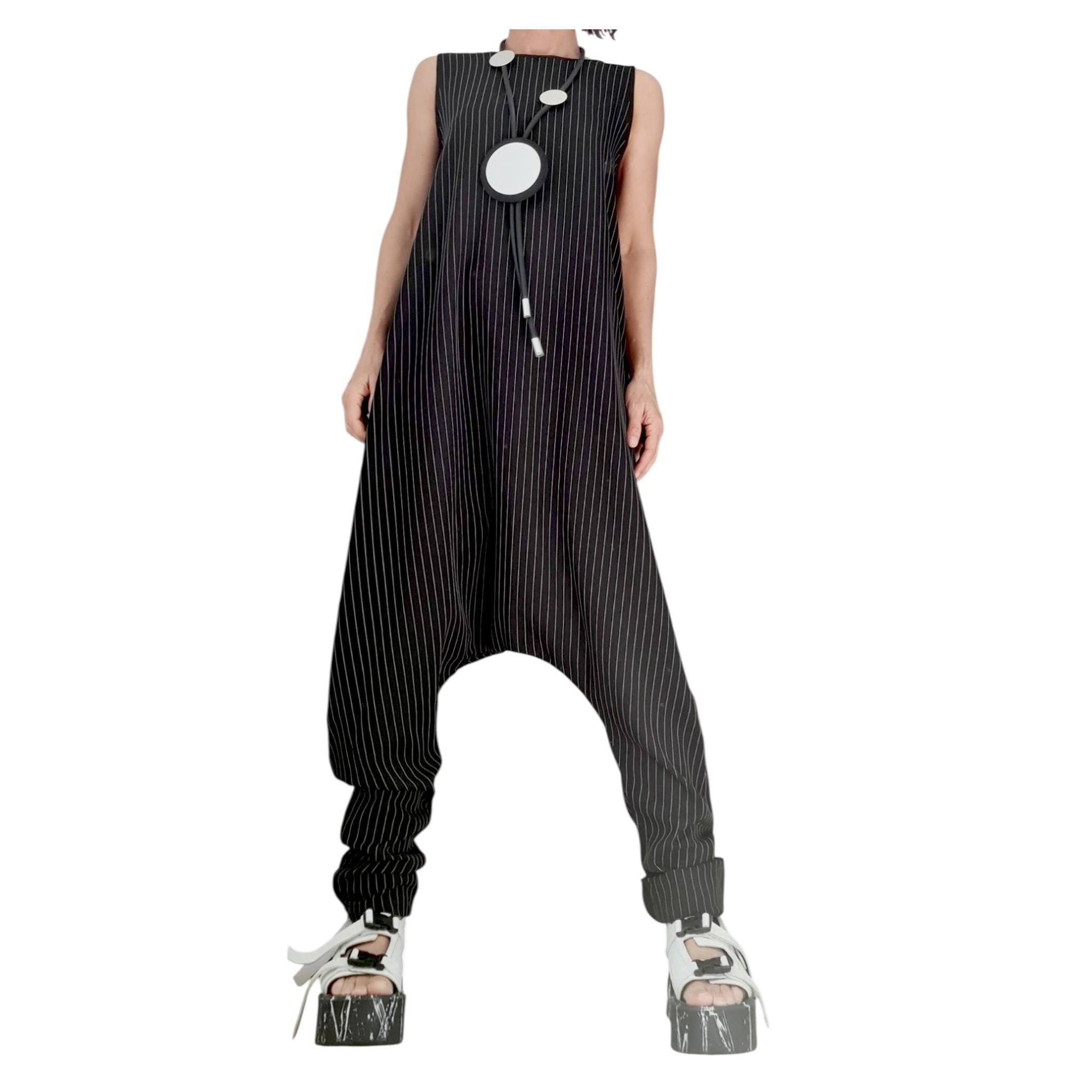 Asymmetric Black White Stripe Harem Jumpsuit, Gothic Wide Leg Sleeveless Overall for Women