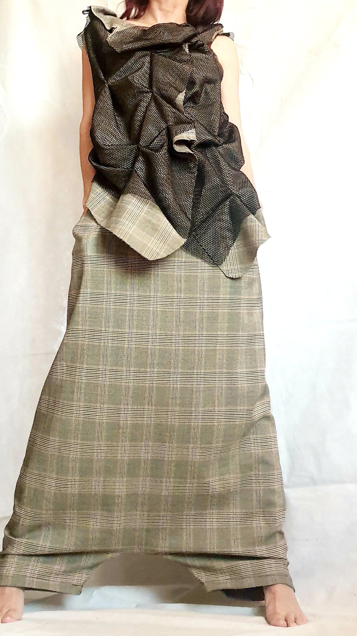 Plus Size Co-Ord Set, Plaid Harem Pants, Black Asymmetrical Vest with mesh