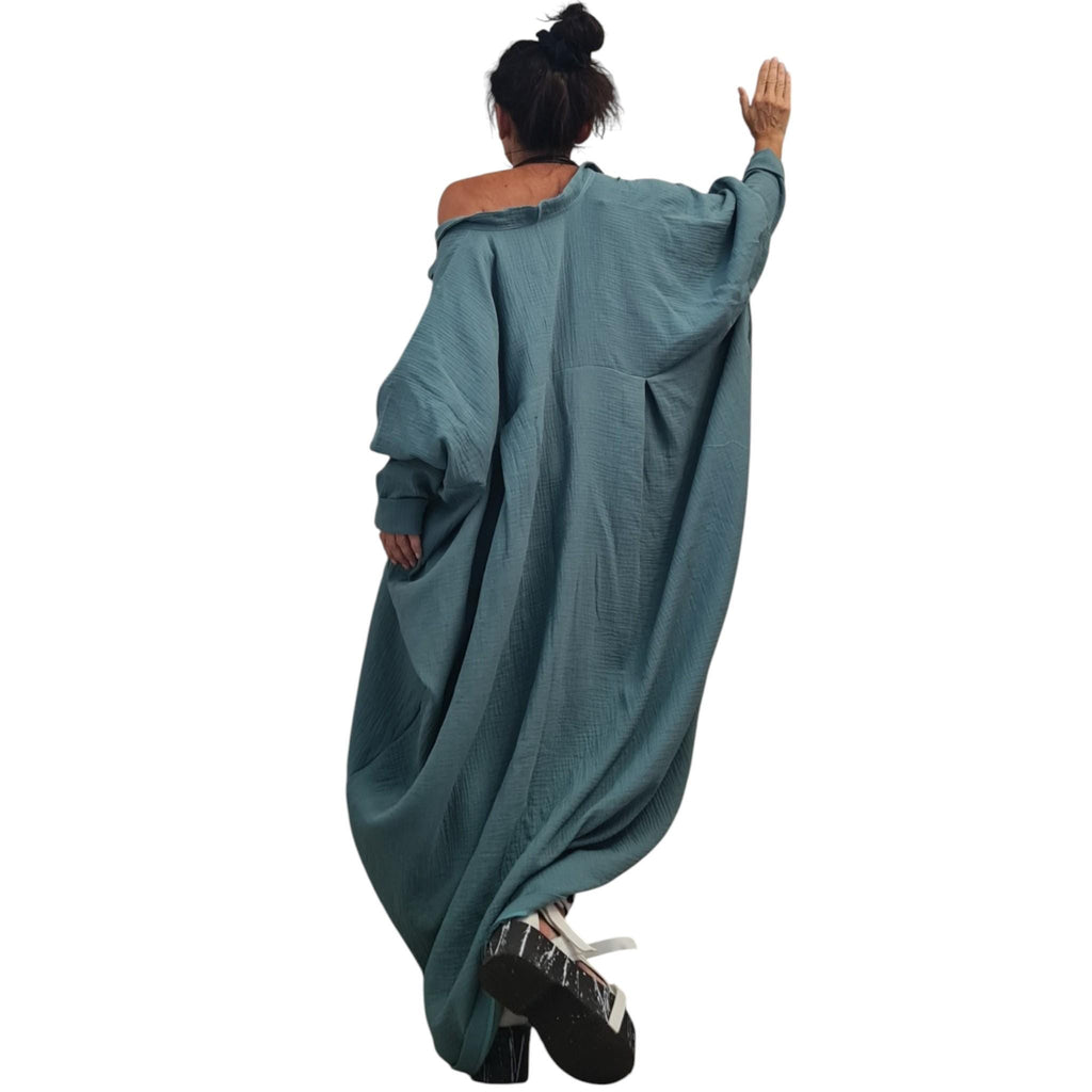 Dusty Teal Muslin Maxi Dress, Double Gauze, Oversized Cotton Kaftan, Boho Loungewear, Plus Size