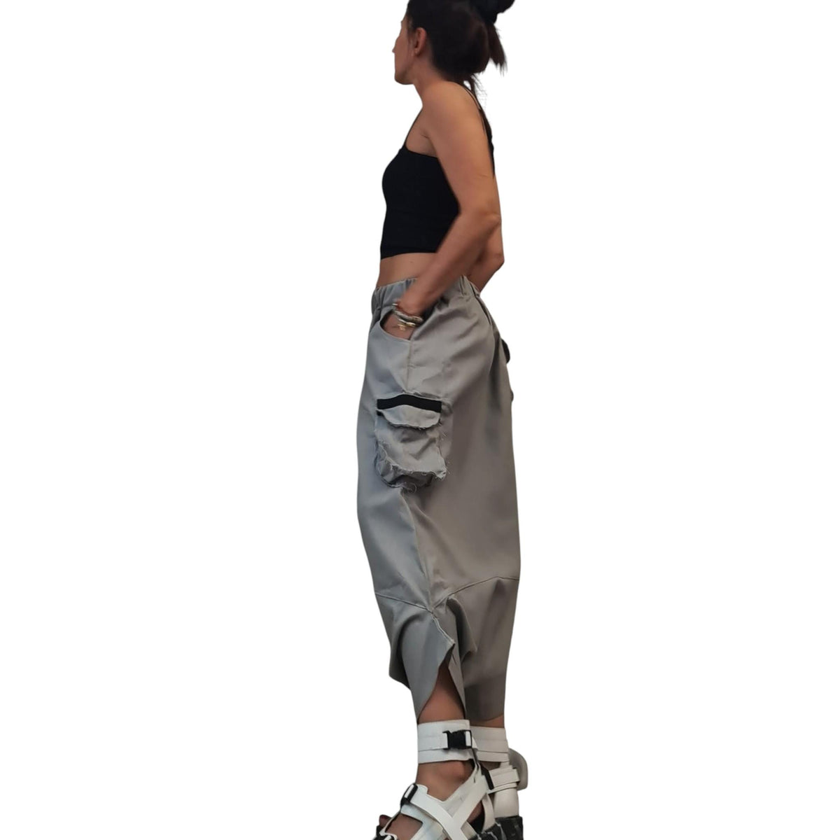 Gray Linen Harem Pants, Mid-Calf Drop Crotch Trousers, Cargo Pockets, Elastic Waist, Plus Size