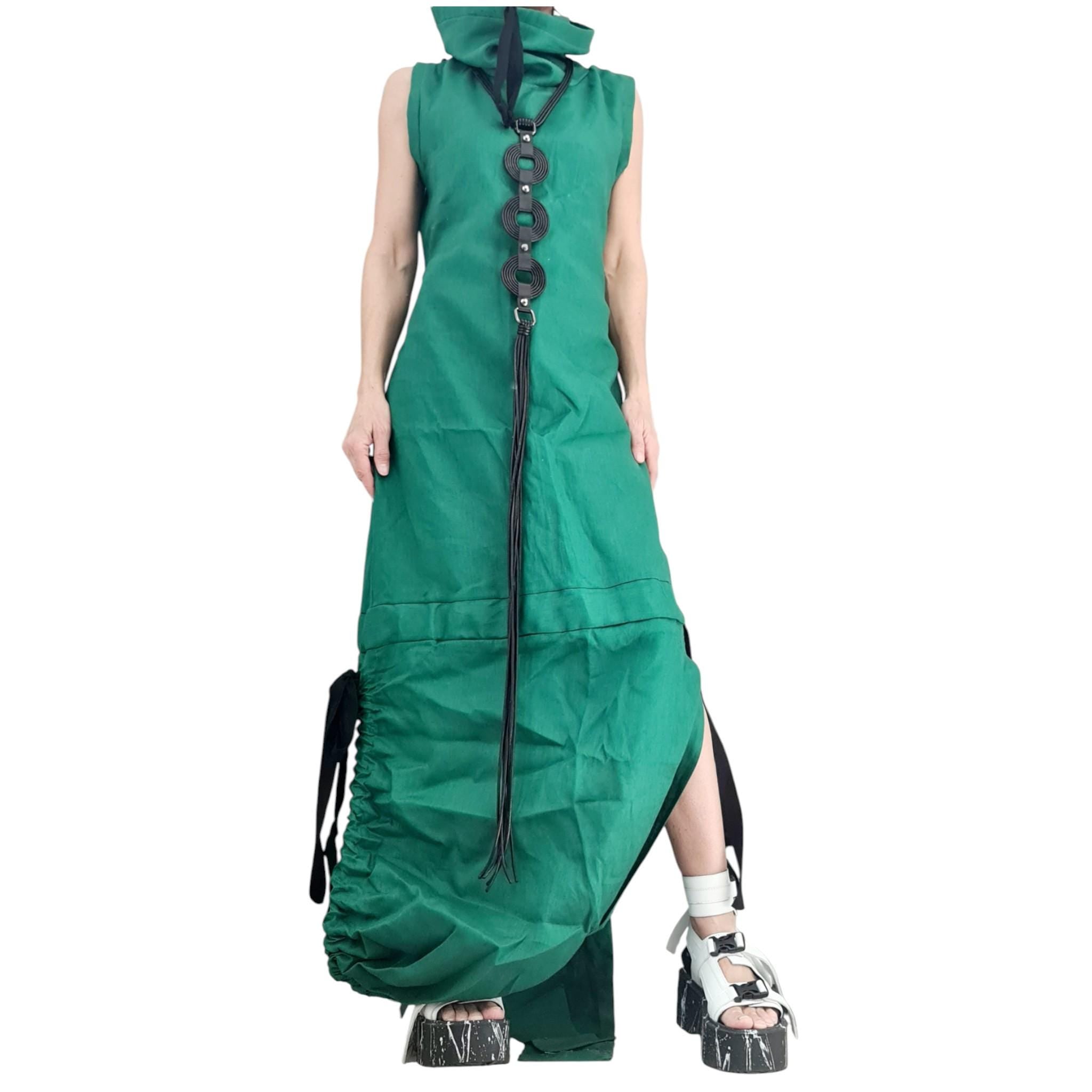 Green Linen Maxi Dress, Open Back, Asymmetric Sleeveless Fit, Avant Garde Plus Size Dress