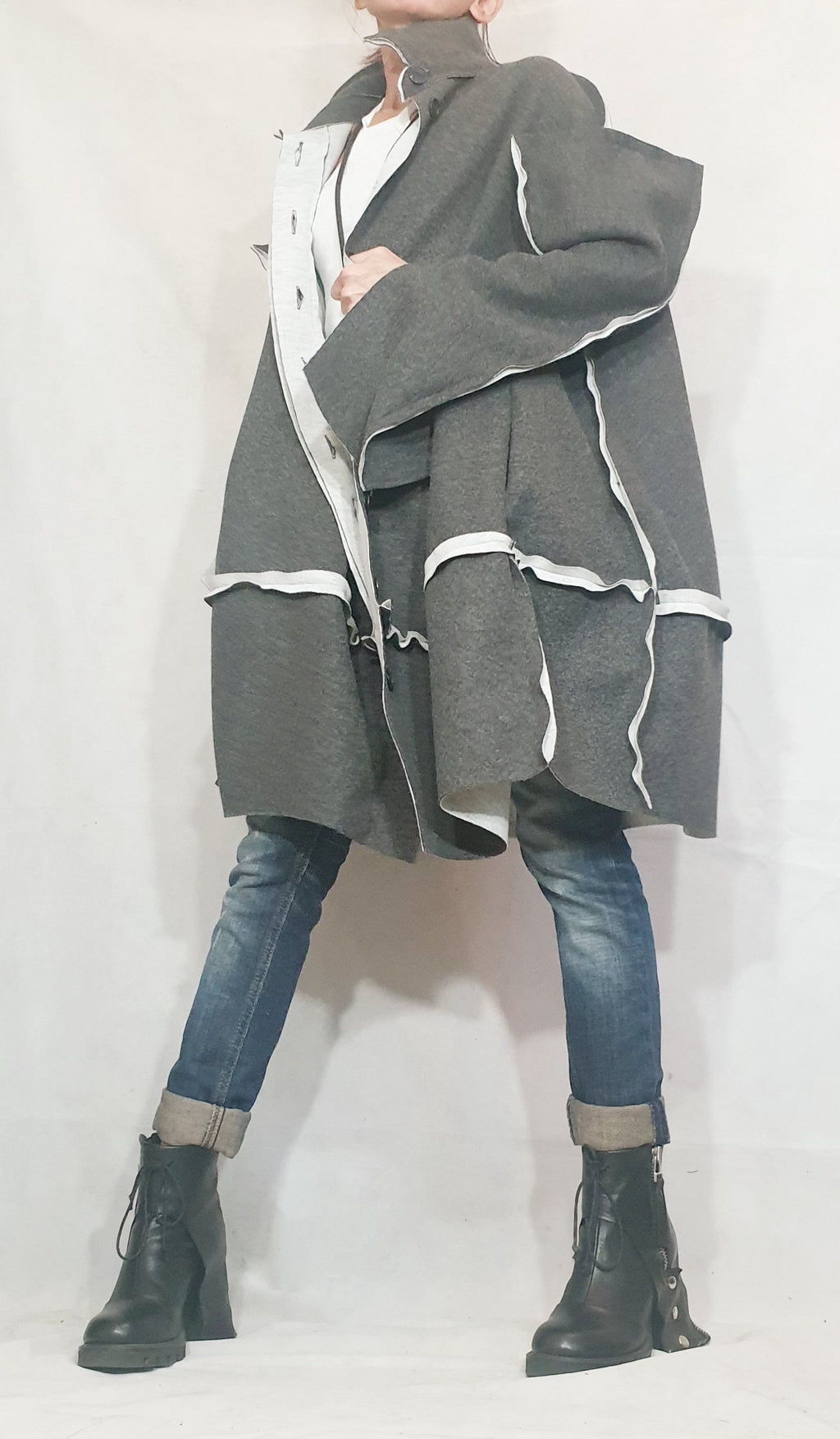 Grey Oversized Cape Coat, Asymmetric Hem, Wide Sleeves, Button Front, Contrast Trim, Plus Size