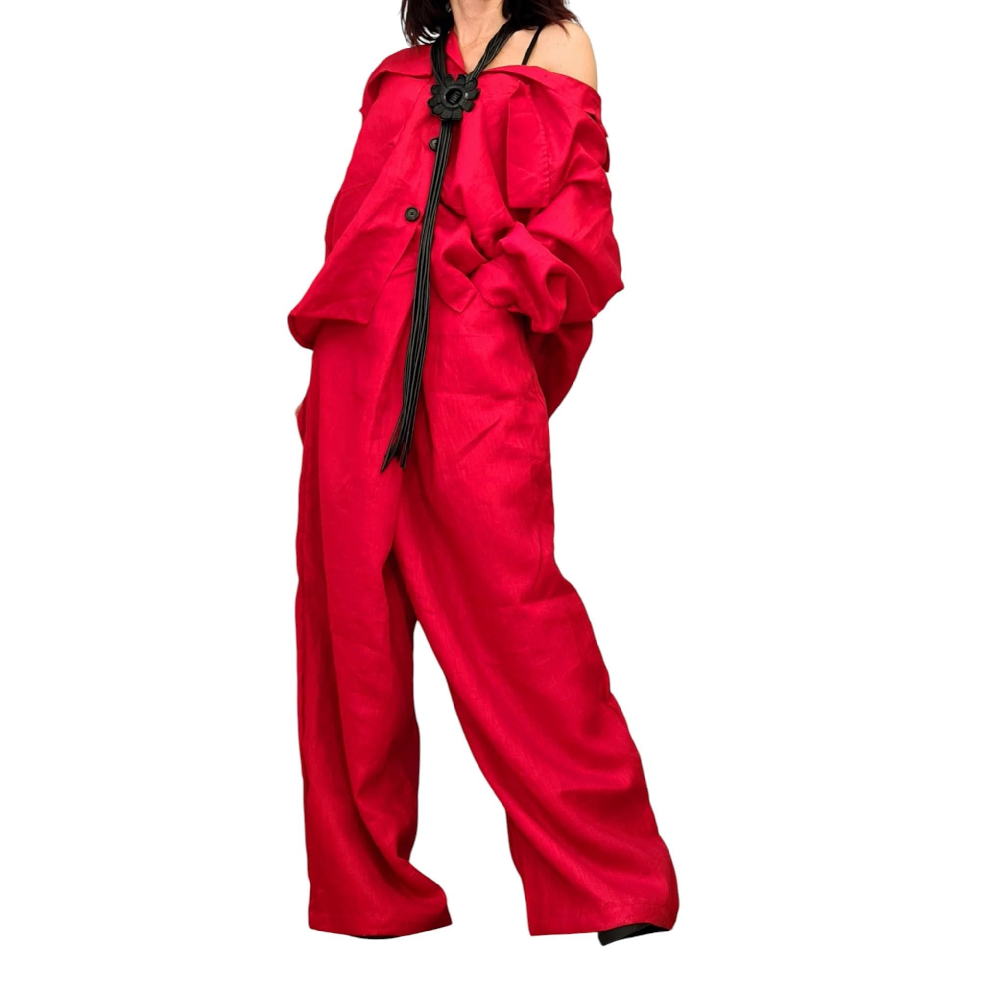 Red Linen Two Piece Women Set, Open Back Shirt, Wide Leg Harem Pants Outfit