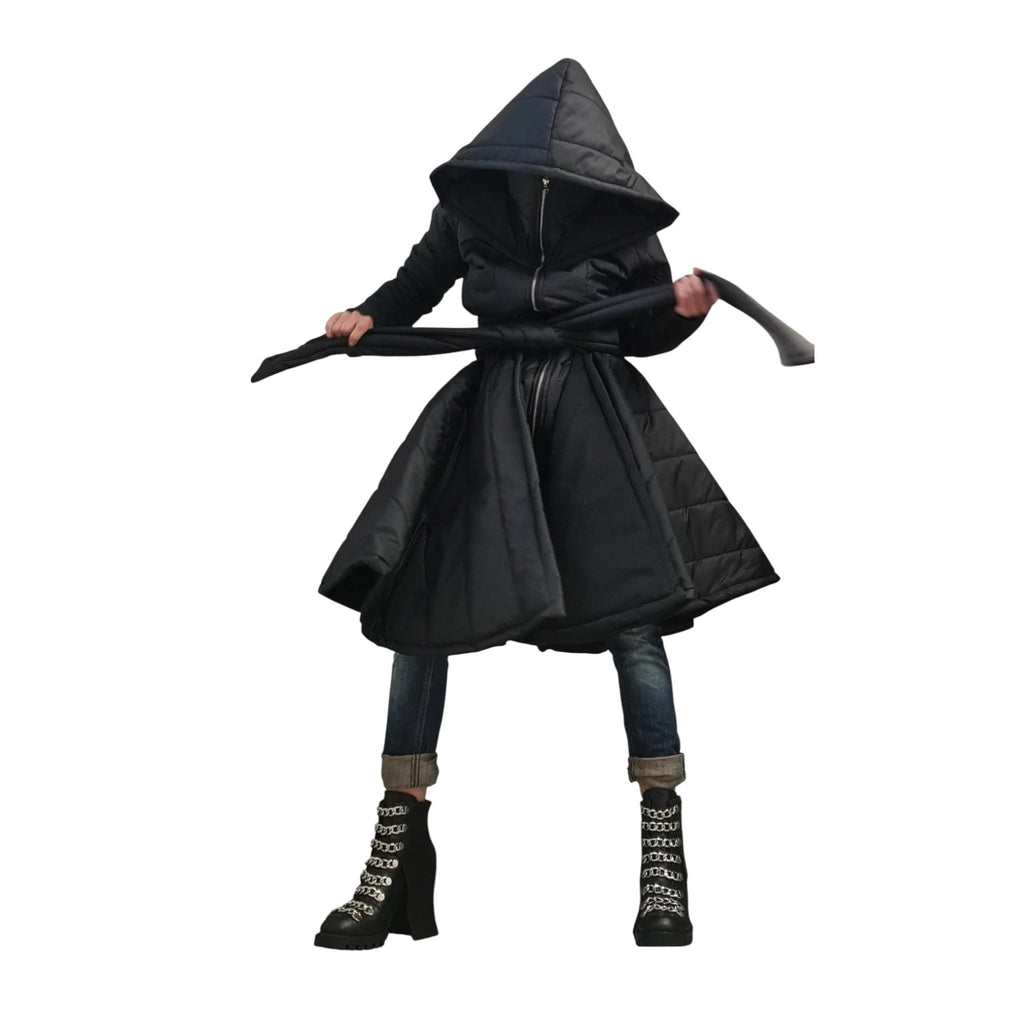 Black Hooded Puffer Coat, Fit and Flare Silhouette, Full Circle Hem, Belted, Plus Size