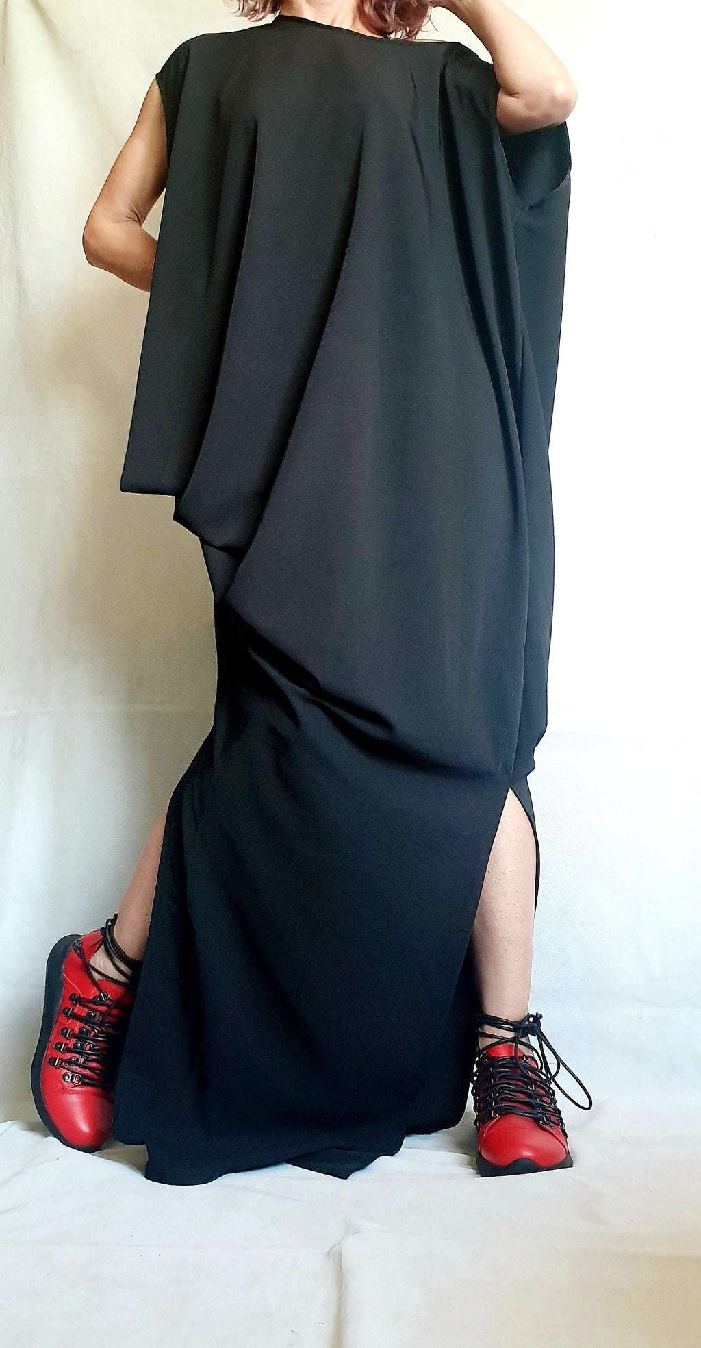 Black One Shoulder Maxi Dress, Avant Garde Draped Plus Size Clothing
