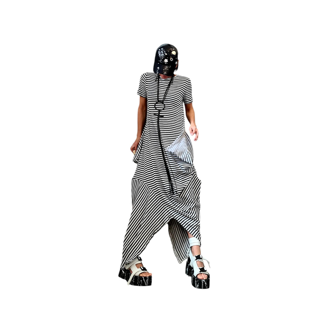 Striped Cotton Asymmetric Dress High Low Hem, Oversized Avant Garde Fashion