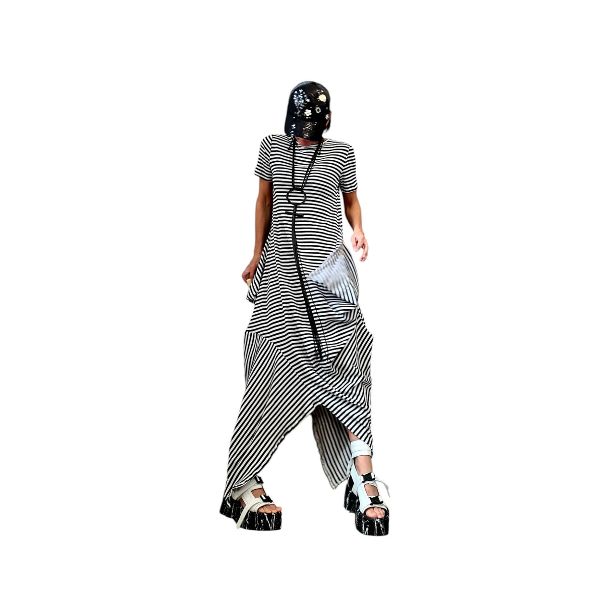 Striped Cotton Asymmetric Dress High Low Hem, Oversized Avant Garde Fashion