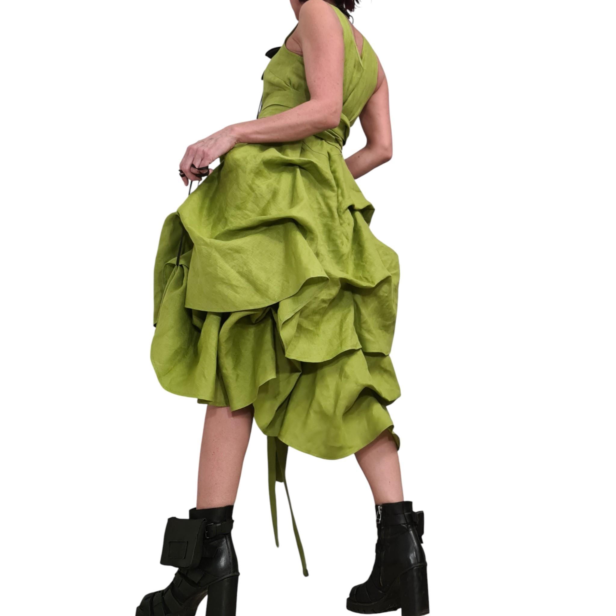 Lime Linen Asymmetric Dress for Women, Sleeveless Layered Midi Dress, Adjustable Avant garde Skirt