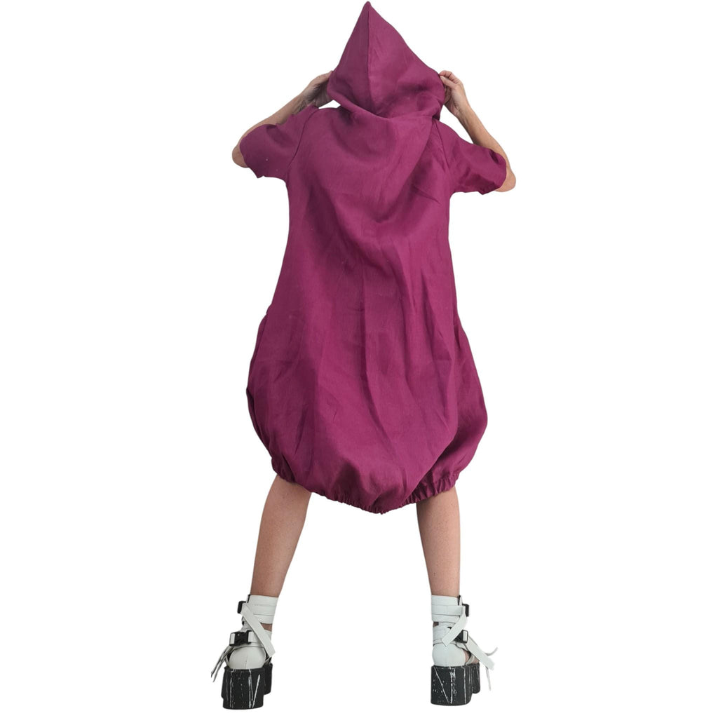 Plum Purple Linen Dress, Hooded Asymmetric Off Shoulder Dress, Oversized Short Sleeve