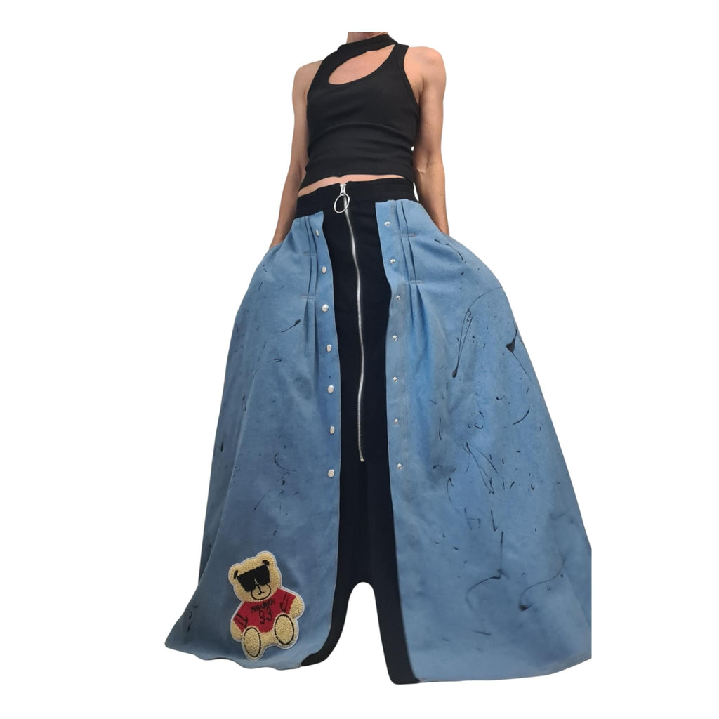 Deconstructed Avant Garde Cotton Denim Long Skirt, Extravagant Design