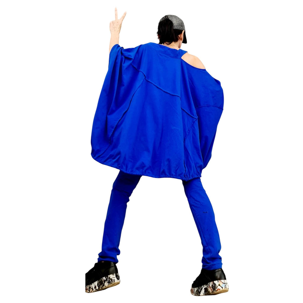 Royal Blue Cotton Leggings, Cutout Knees, Oversized Asymmetrical Draped Batwing Tunic, Two-Piece Co-Ord Set