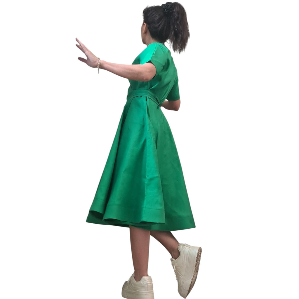 Green Linen Wrap Dress for Women, Knee Length, Short Sleeve Plus Size Summer Clothing