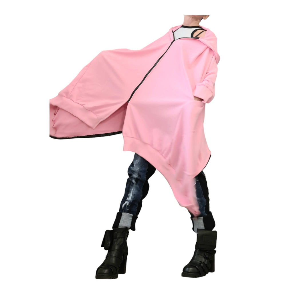 Pink Asymmetrical Hooded Sweatshirt, Cropped Back Cotton Jacket, Long Side Panels