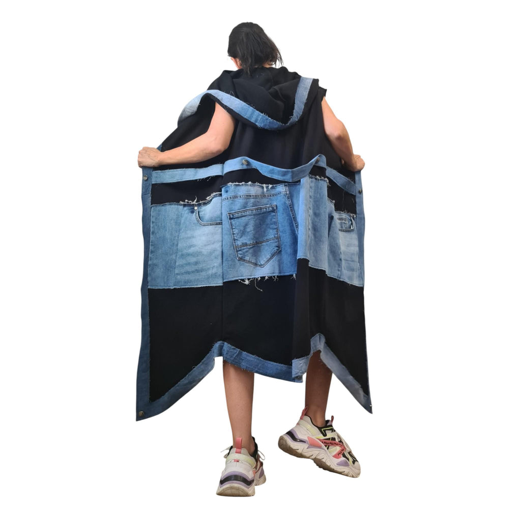 Gothic Denim Cotton Asymmetric Long Vest, Extravagant Maxi Style