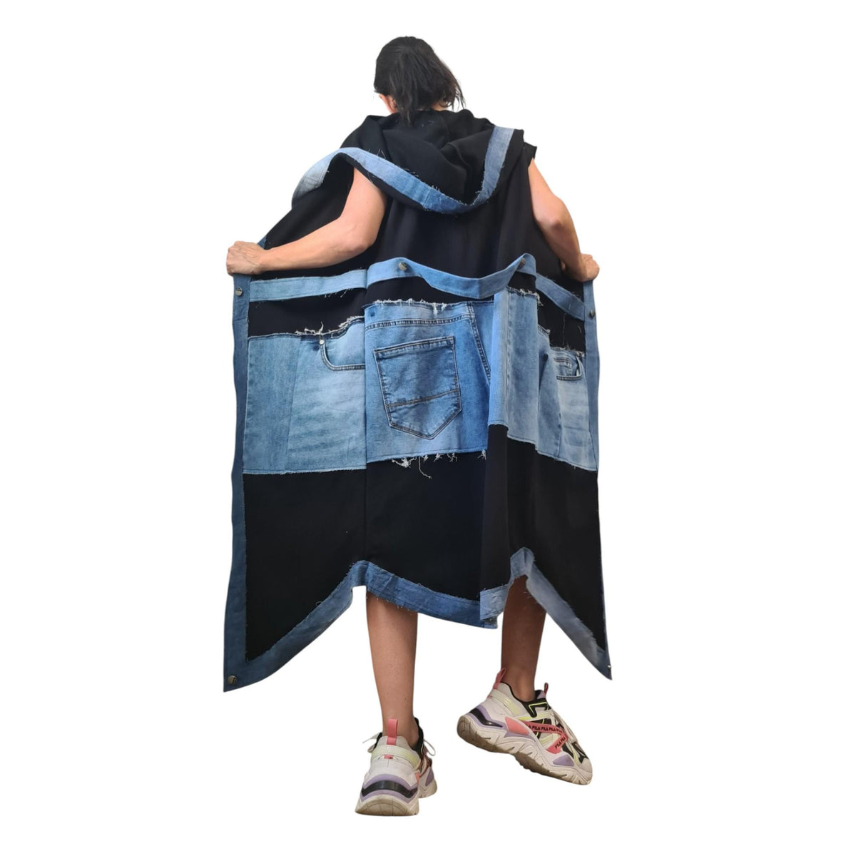 Gothic Denim Cotton Asymmetric Long Vest, Extravagant Maxi Style