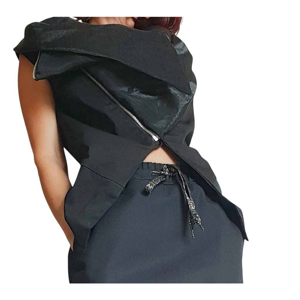 Black Asymmetrical Vest, Sleeveless Fitted Top with Chiffon Collar Detail, Diagonal Zip