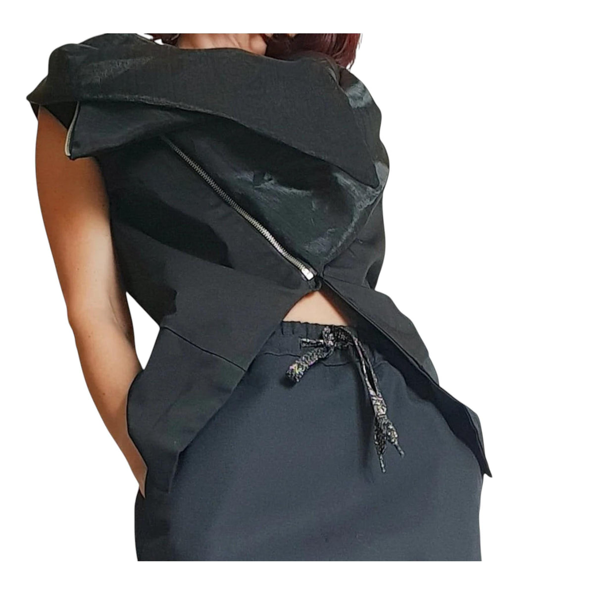 Black Asymmetrical Vest, Sleeveless Fitted Top with Chiffon Collar Detail, Diagonal Zip