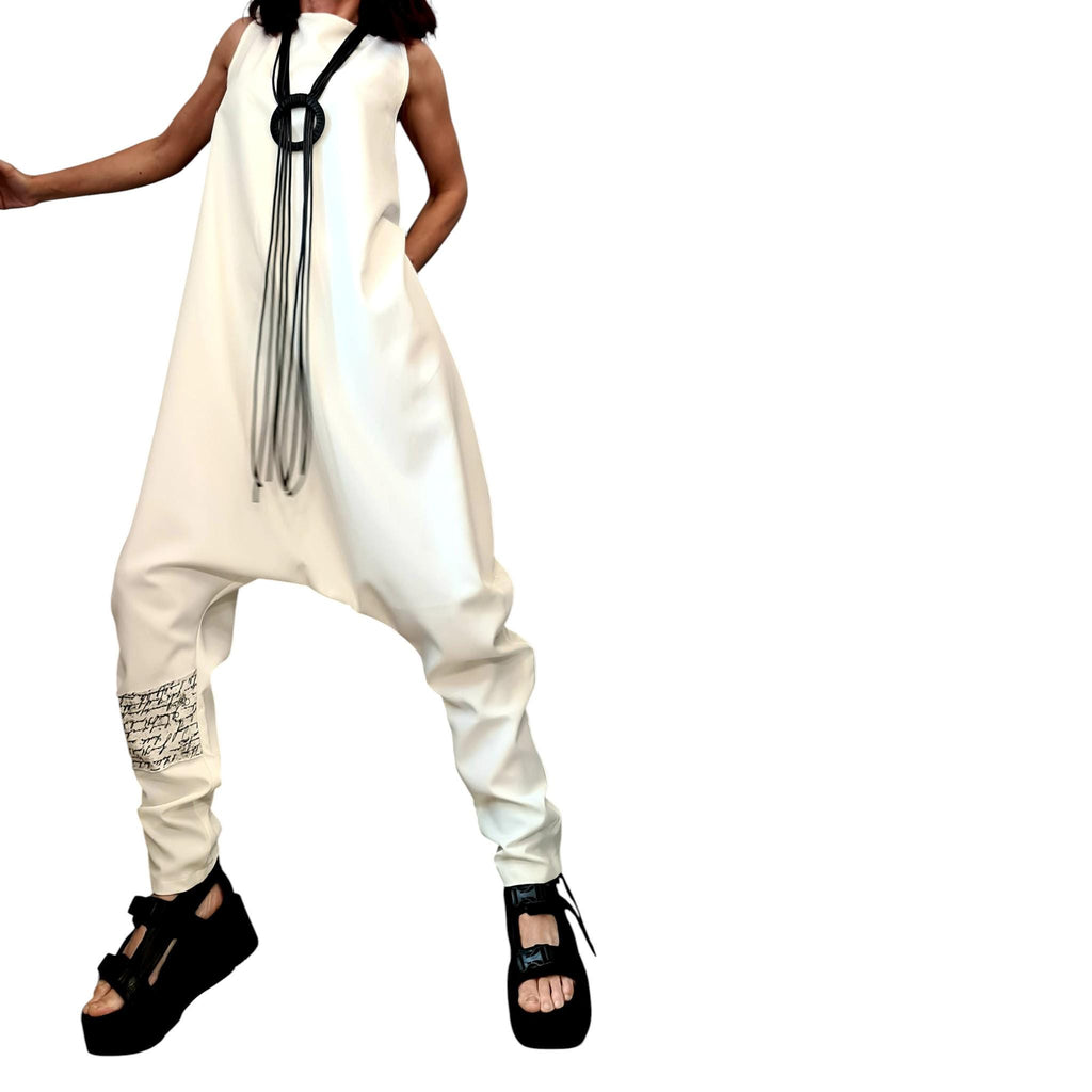 White Asymmetric Wide Leg Jumpsuit, Sleeveless Overall, Plus Size Clothing, Loose Fit Outfit
