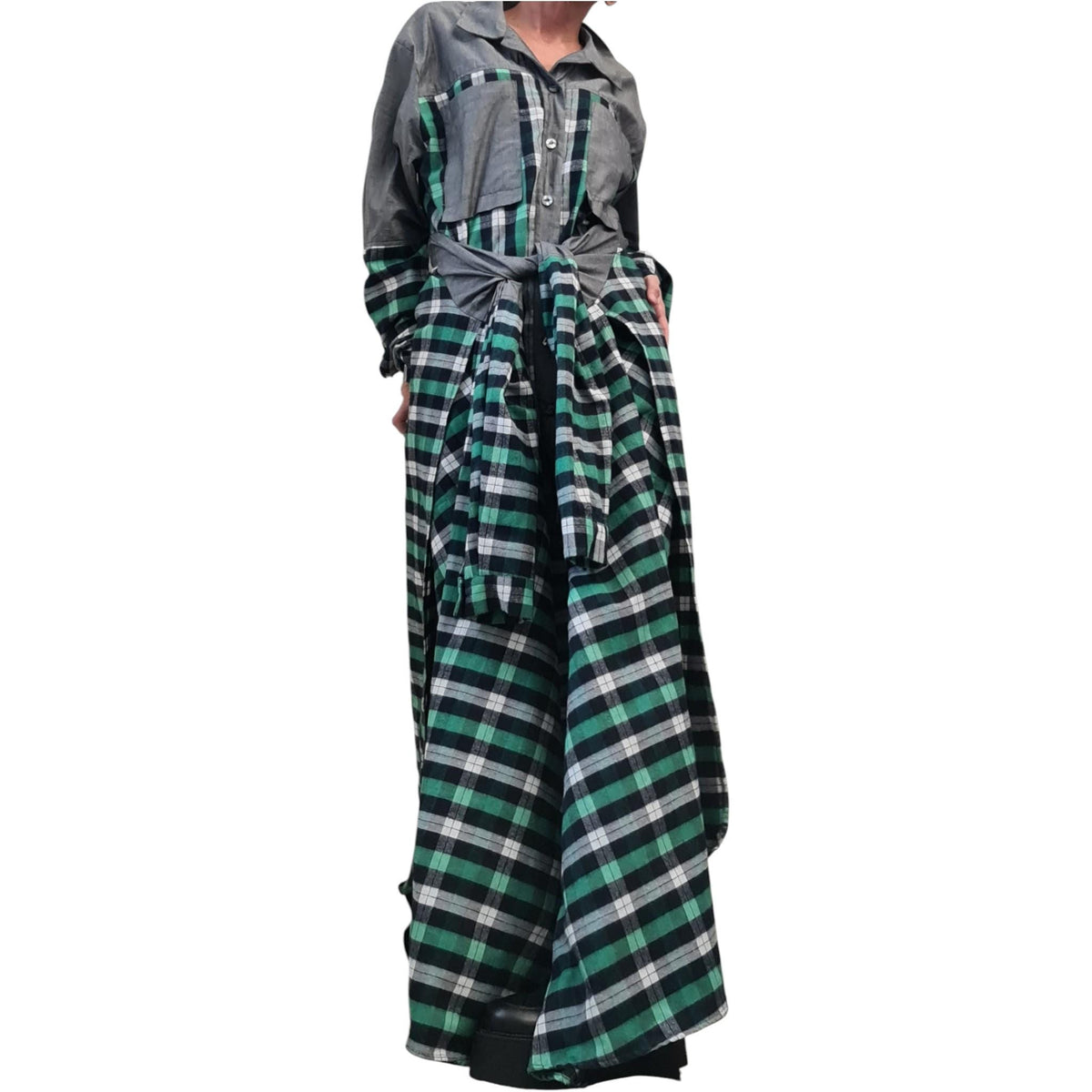 Green Plaid Shirt Dress for Women, Deconstructed Asymmetric Tunic, Oversize Avant Garde Handmade Clothing