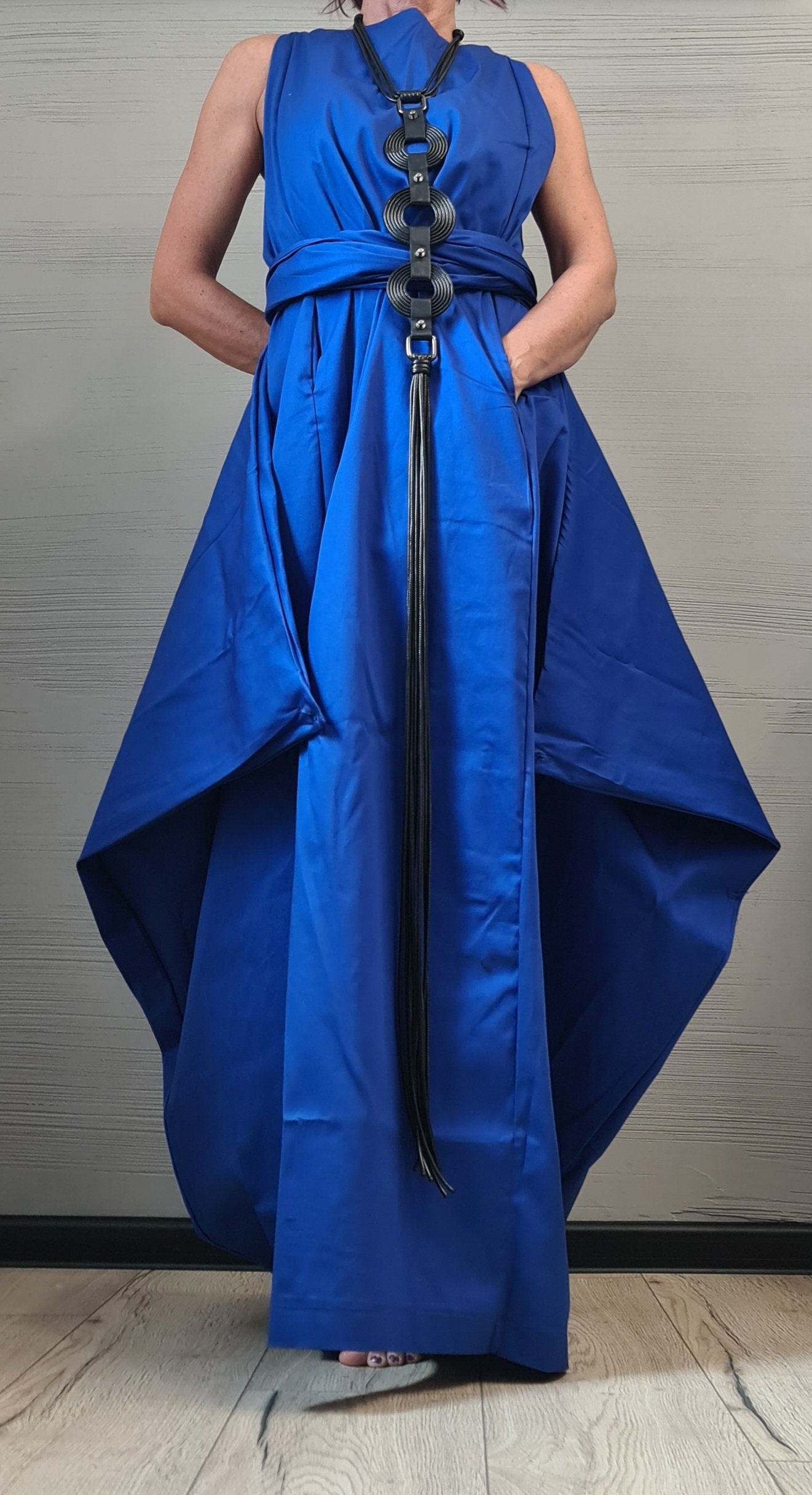 Royal Blue Open Back Maxi Dress, Sleeveless Loose Fit, Wide Silhouette, Adjustable Summer Design