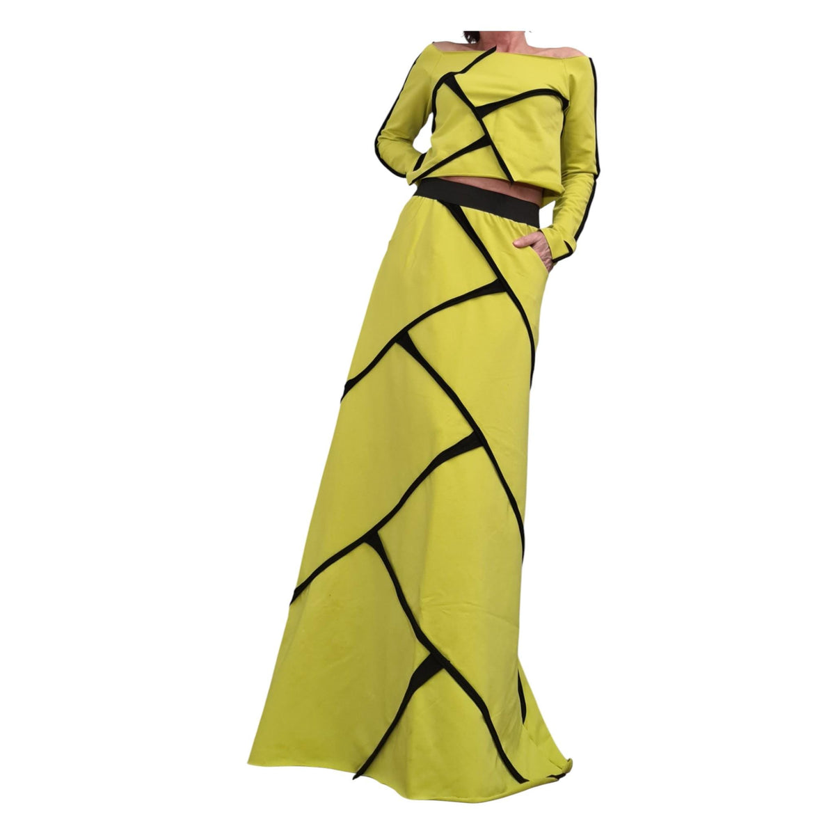 Pistachio Cotton High Waist Maxi Skirt, Asymmetrical Cropped Long-Sleeve Blouse, Contrast Trim, Co-Ord Set