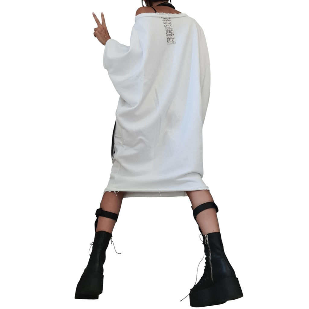 White Cotton Tunic Dress Knee Length | Asymmetric Blouson Cut | fashion for women | architectural