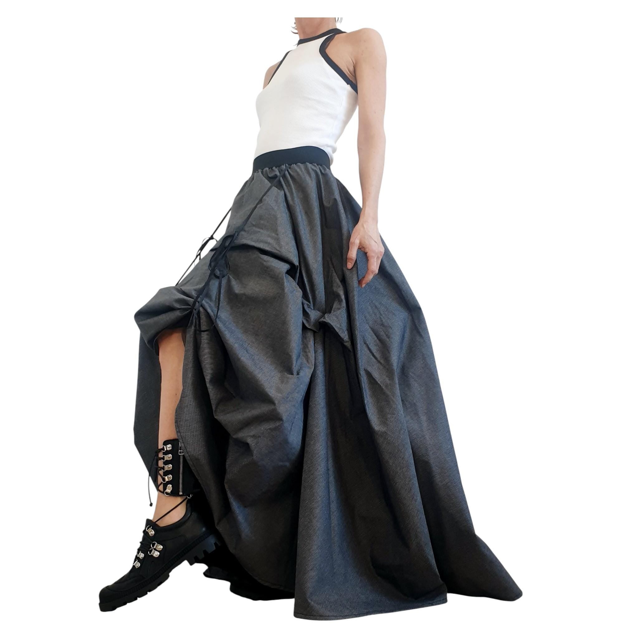 Dark Grey Cotton Sateen Maxi Skirt Dress, Adjustable Drawstrings, Layered Tulle, Convertible Design