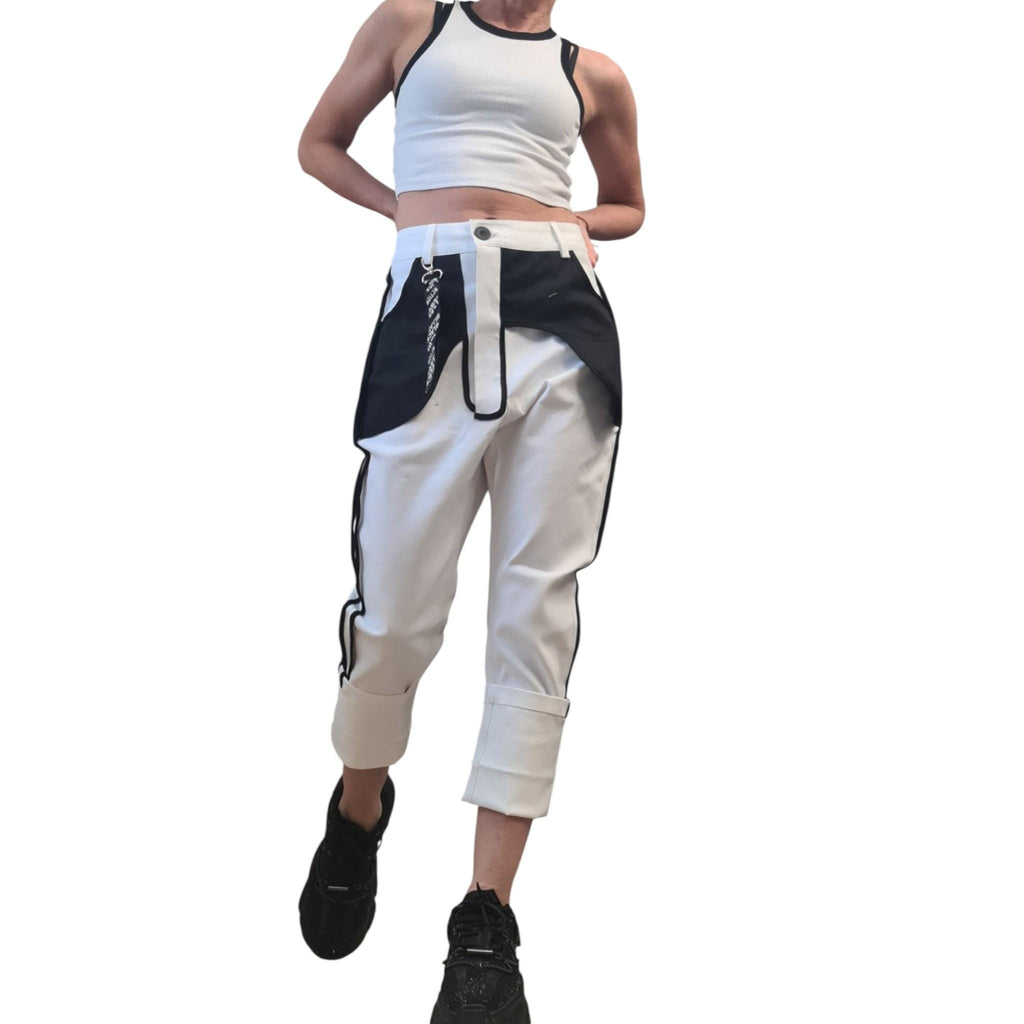 Black&Whit Denim Cargo Pants – Black Contrast Piping, Streetwear Trousers