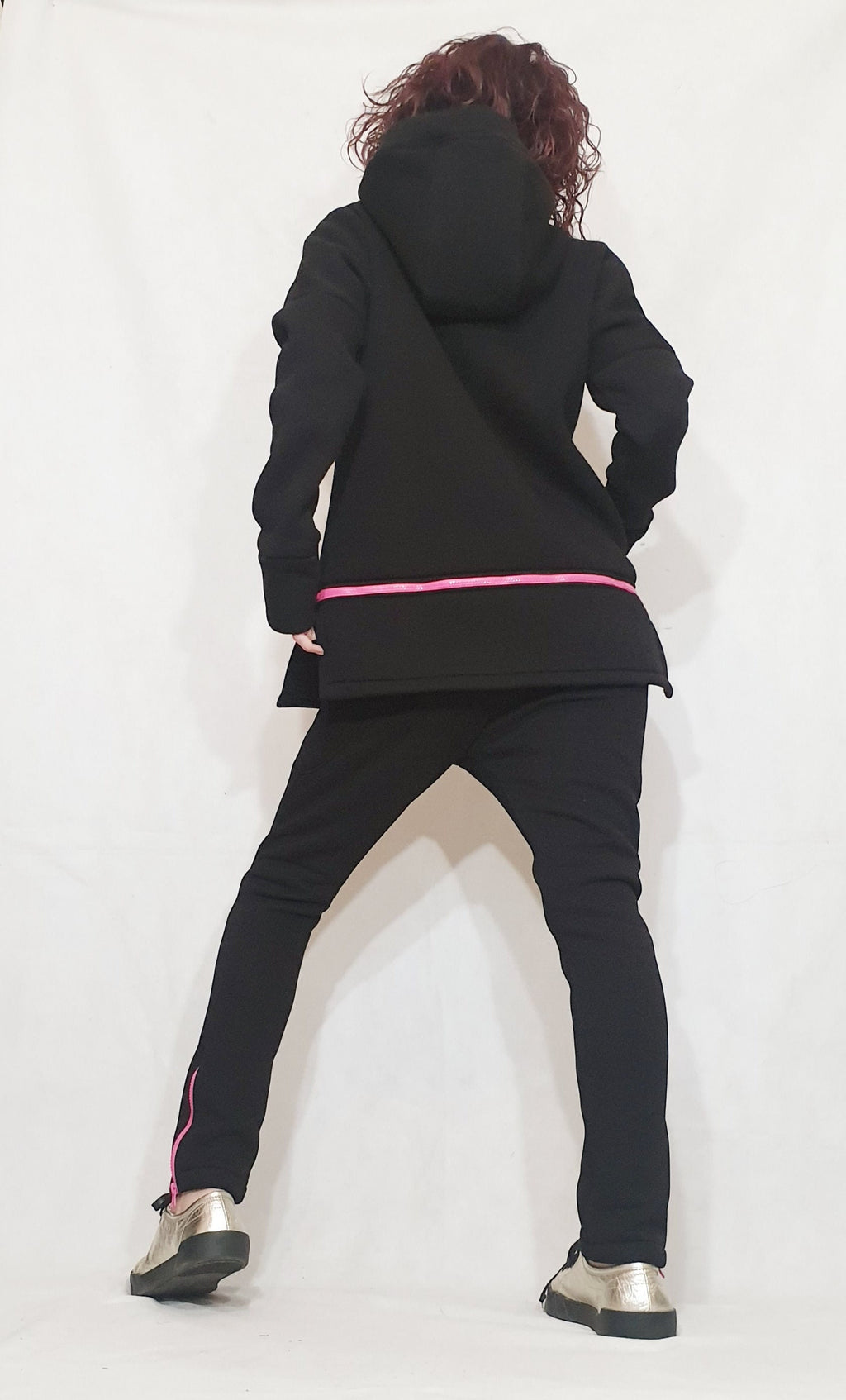 Black Cotton Drop Crotch Pants, Asymmetrical Hooded Sweatshirt, Pink Zipper, Two-Piece Co-Ord Set