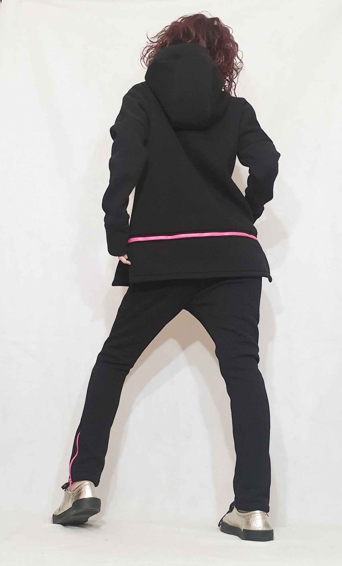 Black Cotton Drop Crotch Pants, Asymmetrical Hooded Sweatshirt, Pink Zipper, Two-Piece Co-Ord Set