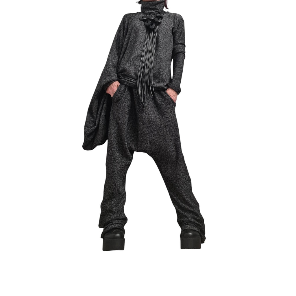 Black Knit Drop Crotch Harem Pants, Oversized Asymmetrical Blouse, Two-Piece Co-Ord Set, Plus Size