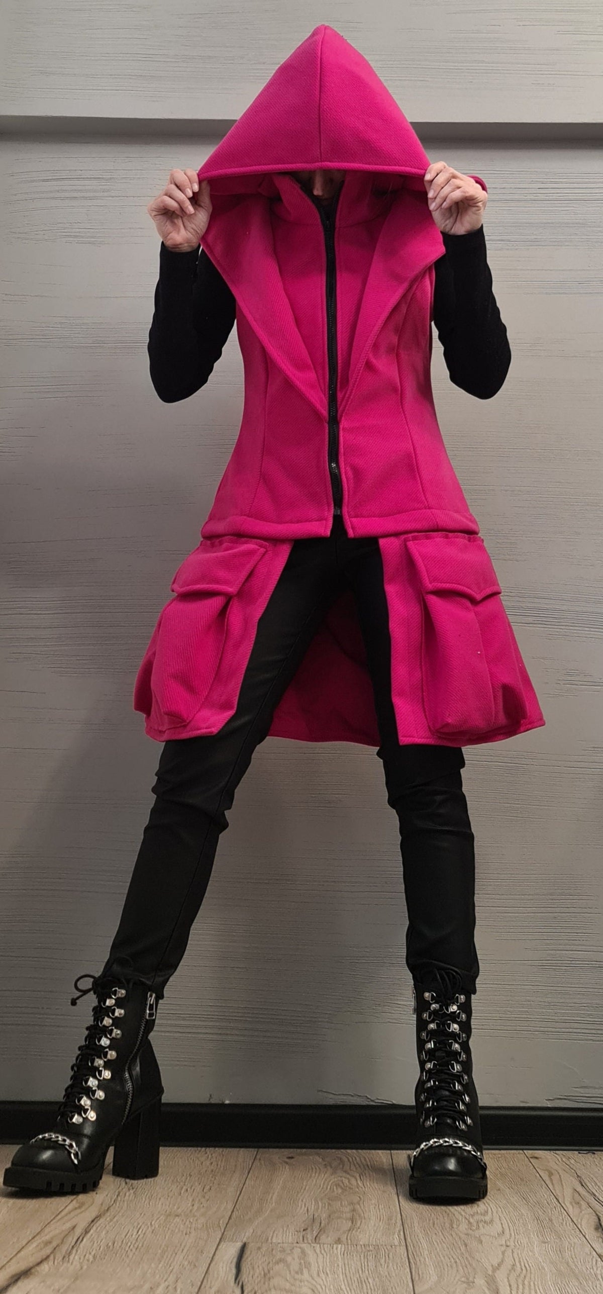 Hot Pink Convertible Hooded Vest, Detachable Cargo Pocket Panel, Long or Cropped, Plus Size