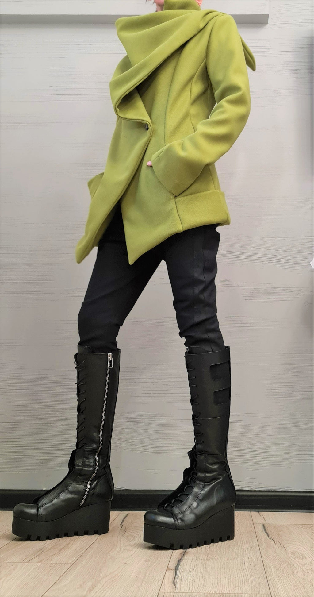 Asymmetrical Coat, Oversized Draped Lapels and Wrap Front, Winter Jacket, Button Cuffs