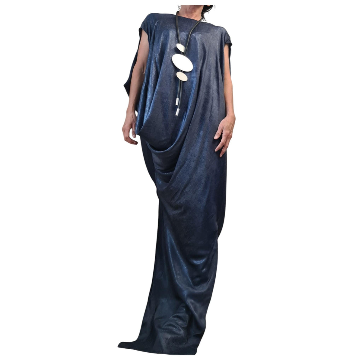 Shiny Denim Avant Garde Long Dress, One Shoulder Drape Style